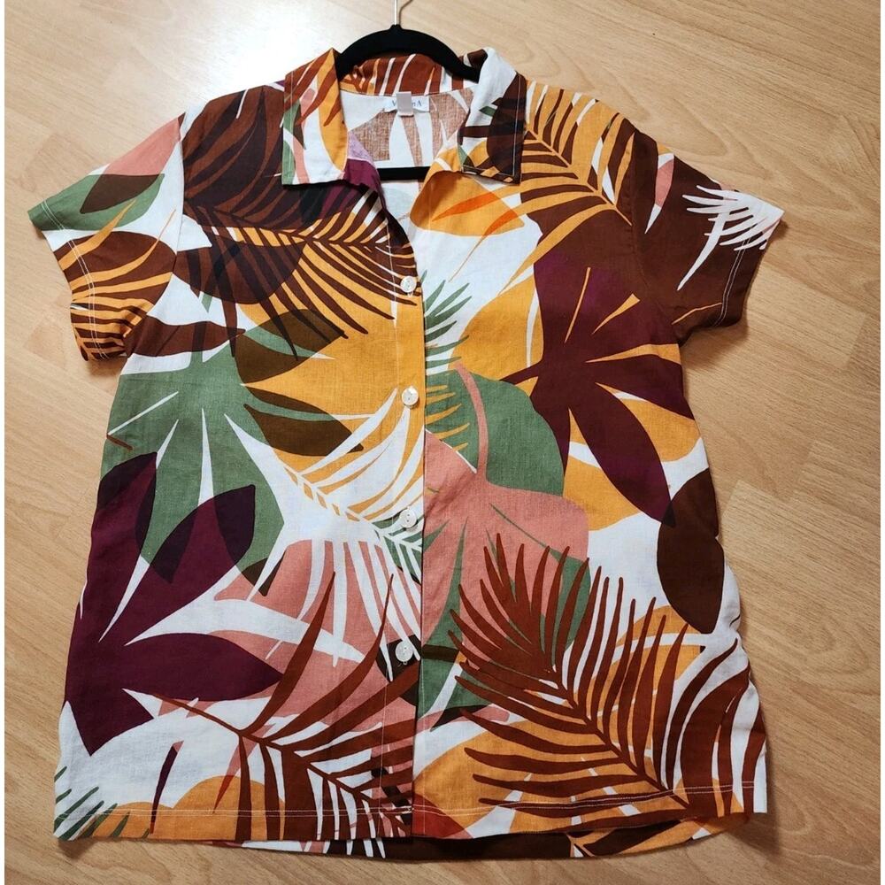 Vitamin A Linen Blend Tropical Print Button Front Short Sleeve Shirt Size Small
